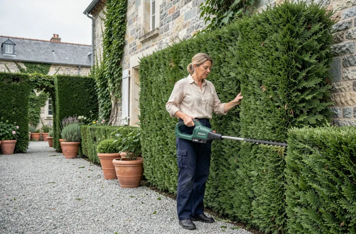 Femme tenant un taille-haie électrique sans fil devant une haie de thuyas dans un jardin de style français