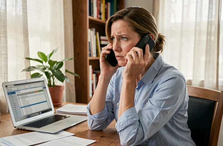 Femme au téléphone consultant les impôts depuis son bureau à domicile avec des documents fiscaux ouverts