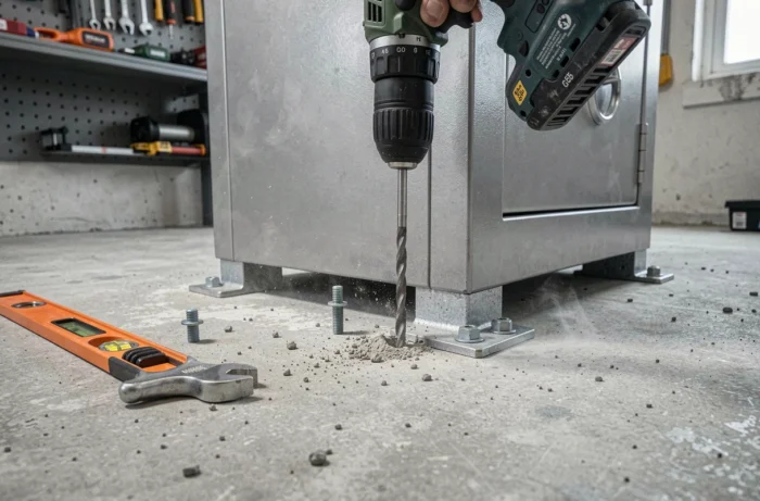 Fixation d'un coffre-fort au sol en béton avec des chevilles d'ancrage et une perceuse dans un garage résidentiel