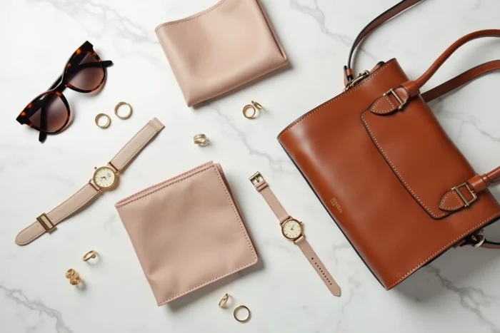 Flat lay d'accessoires de mode essentiels sur marbre blanc : sac en cuir cognac, montre dorée, lunettes écaille et bagues minimalistes