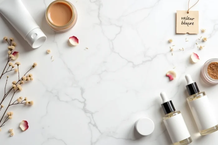 Flat lay minimaliste de produits de beauté Luvly avec étiquette de prix sur marbre blanc, illustrant le rapport qualité-prix de la marque