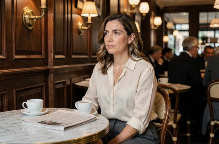 Femme pensive attablée dans une brasserie parisienne classique, portrait intimiste et éditorial
