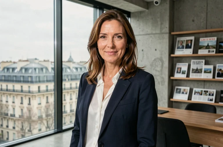 Femme journaliste élégante dans un bureau parisien moderne, portrait éditorial professionnel