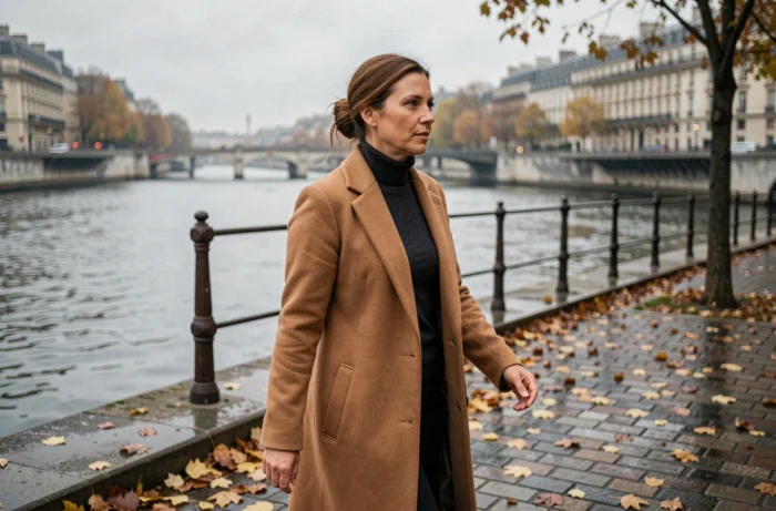 Femme élégante se promenant sur les quais de Seine en automne à Paris, ambiance éditoriale