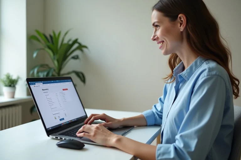 Femme utilisant un ordinateur portable pour générer une facture Carrefour en ligne depuis son bureau à domicile