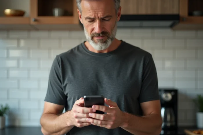 Homme générant une facture Carrefour sur smartphone dans une cuisine moderne