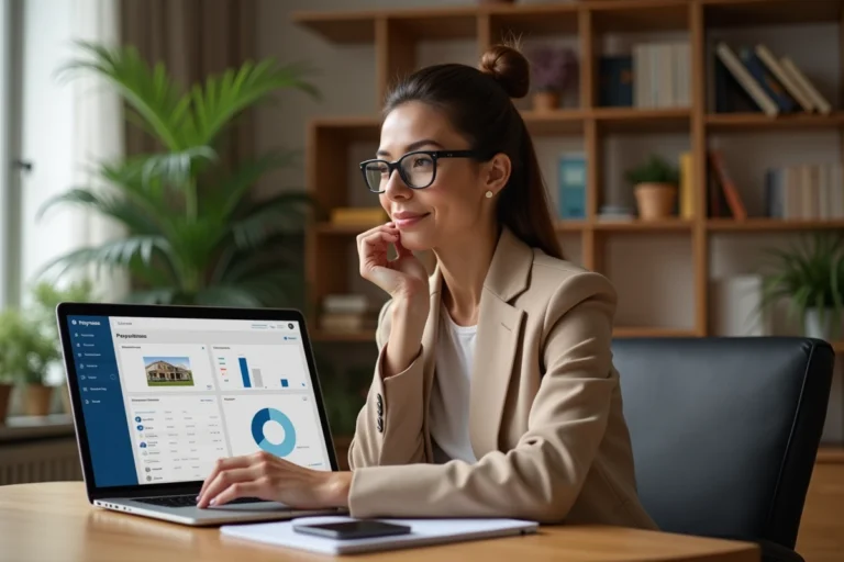 Femme gérant ses locations immobilières en ligne depuis son bureau à domicile