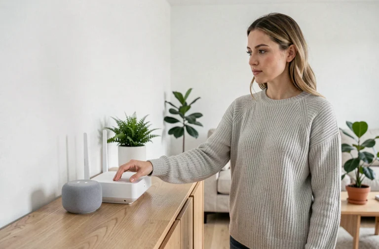 Femme associant un Google Home et une Freebox Pop dans un salon moderne au style scandinave