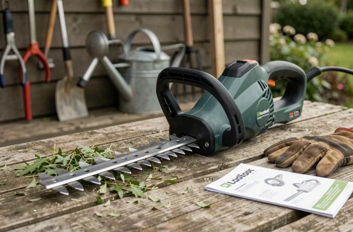 Gros plan d'un taille-haie électrique posé sur un établi de jardin avec des gants et des rognures de haie