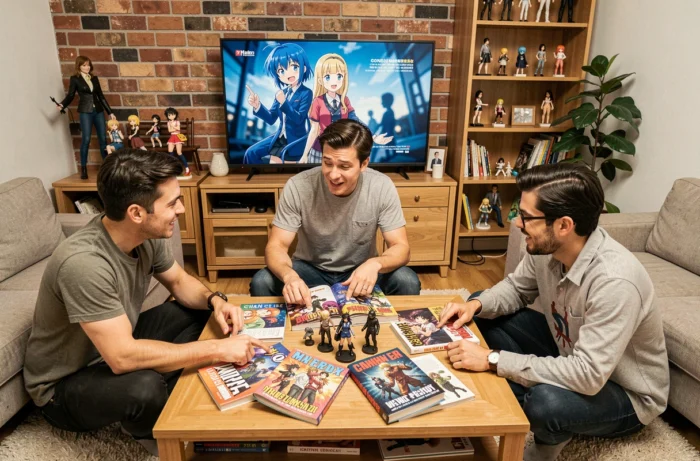 Groupe d'adultes discutant des dernières actualités manga et anime autour d'une table couverte de volumes et artbooks