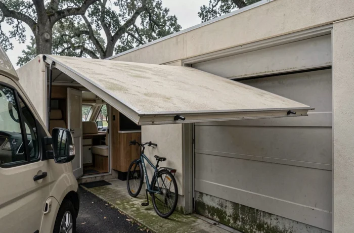Comparaison entre la hauteur d'un camping-car et l'ouverture d'une porte de garage sectionnelle