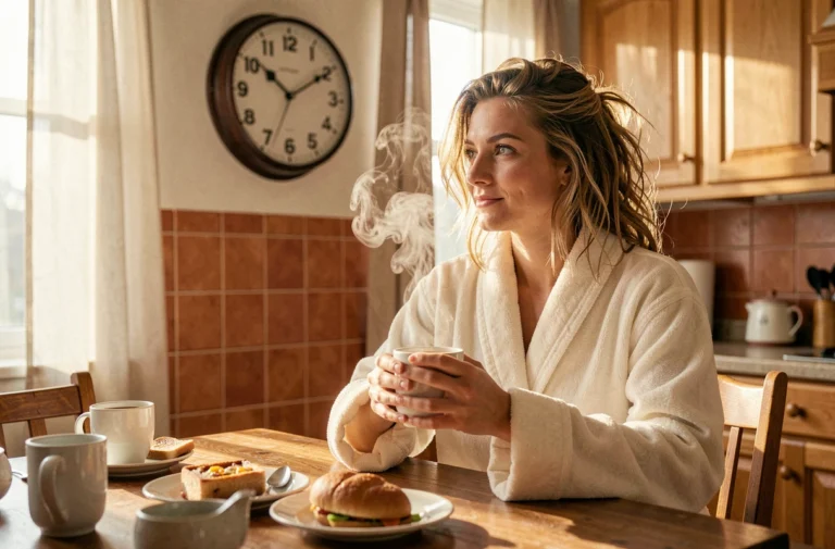 Femme en robe de chambre tenant un café le matin avec une horloge analogique affichant 7h10 en arrière-plan, illustrant la notion d'heure AM en anglais