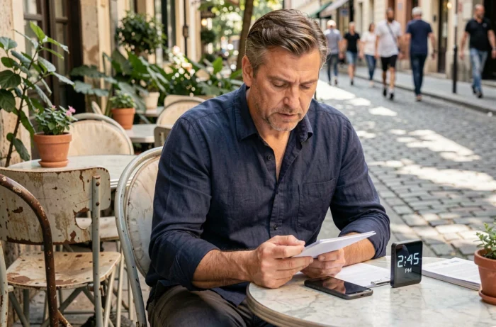 Homme consultant son agenda en terrasse de café l'après-midi avec un smartphone affichant 14h45, illustrant la notion d'heure PM en anglais