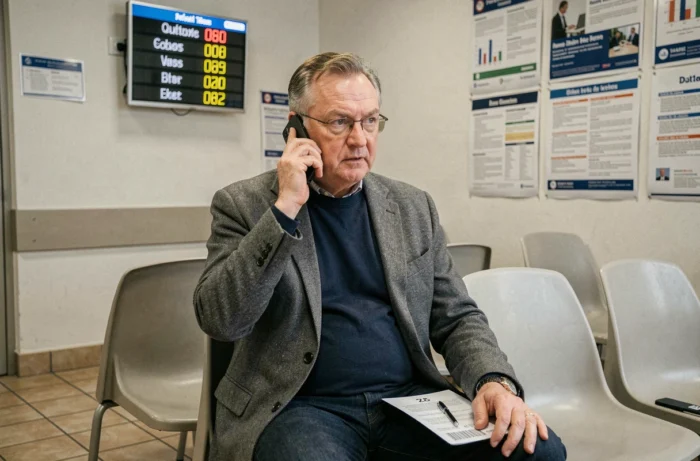 Homme en salle d'attente des impôts téléphonant au service fiscal avec un ticket de file d'attente à la main