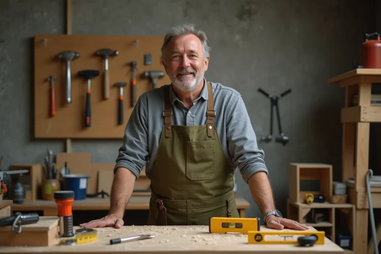 Homme bricoleur en tablier vert devant un établi en bois chargé d'outils essentiels dans un atelier de bricolage
