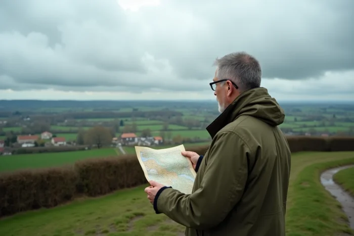 Homme en campagne française consultant une carte météo papier sous un ciel nuageux menaçant