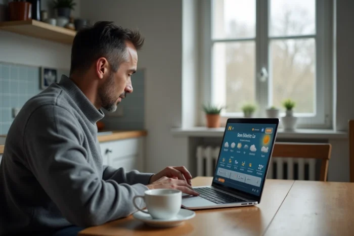 Homme consultant les prévisions météo sur un ordinateur portable dans une cuisine française un jour nuageux