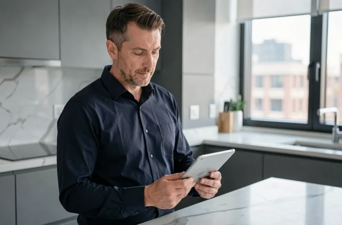 Homme lisant des informations en ligne sur une tablette dans une cuisine moderne