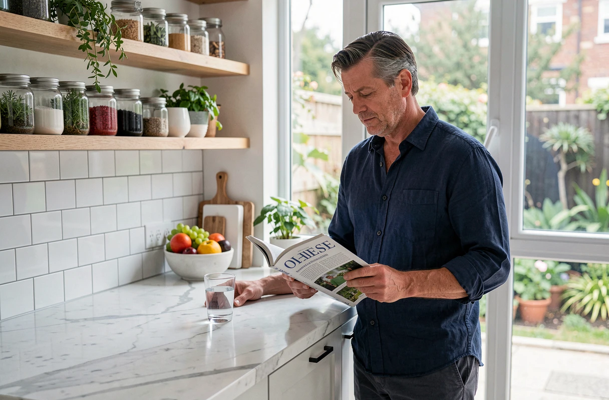 Homme lisant un magazine de santé dans une cuisine moderne avec des fruits frais et un verre d'eau sur le plan de travail