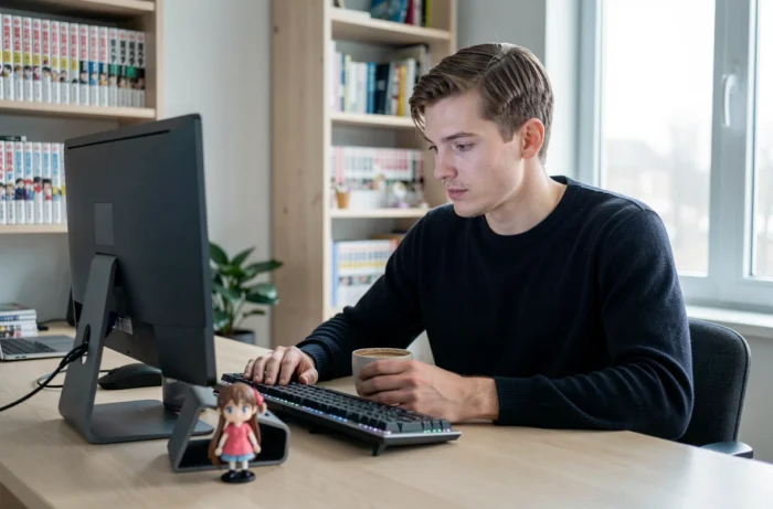 Jeune homme lisant un manga numérique sur tablette à son bureau moderne, univers manga et anime