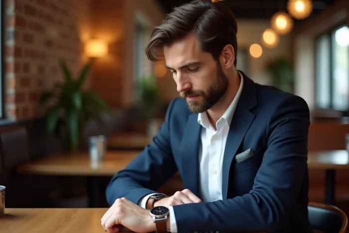 Homme élégant en veste marine consultant sa montre à bracelet en cuir dans un café urbain au décor en briques apparentes