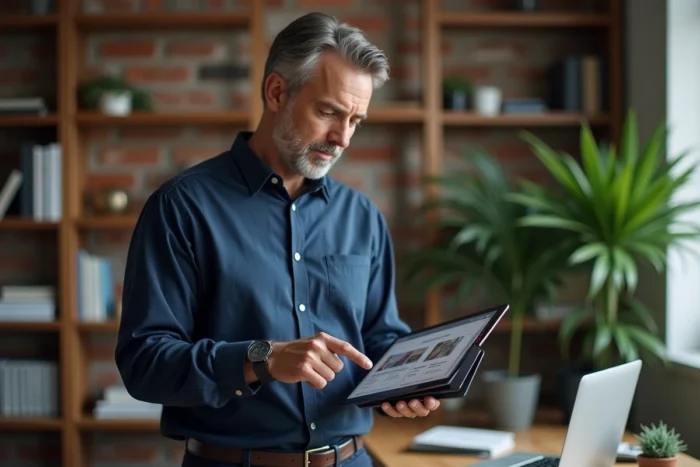 Homme consultant un plan de navigation de plateforme immobilière sur tablette dans un bureau à domicile