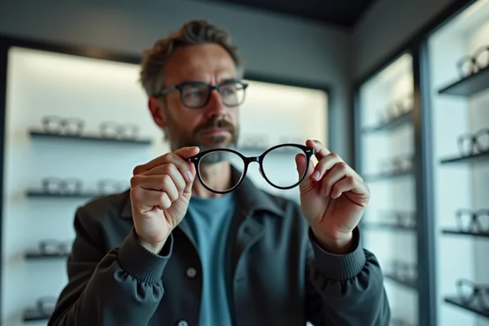 Homme examinant des lunettes chez un opticien pour une correction visuelle légère de 0.75