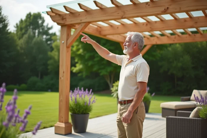Homme examinant les panneaux de sa pergola en bois avec toit en polycarbonate dans un jardin résidentiel verdoyant