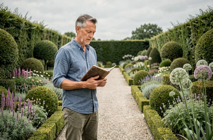 Homme consultant ses plans de jardin dans une allée de gravier d'un jardin structuré avec haies de buis et bordures de plantes vivaces