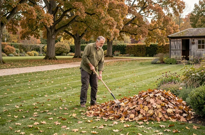 Homme qui ratisse des feuilles mortes sur une pelouse en automne, entretien saisonnier du jardin