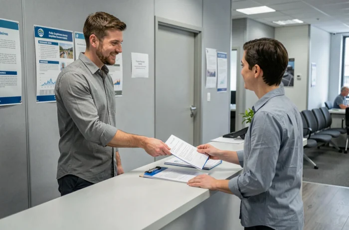 Homme remettant ses documents d'inscription à un conseiller Pôle emploi au guichet d'une agence pour l'emploi