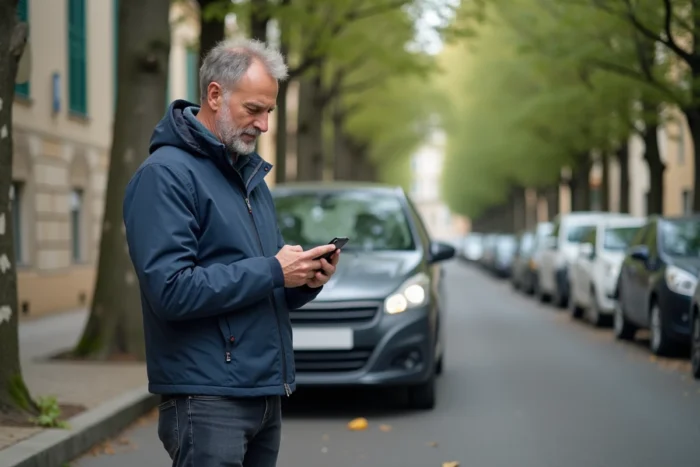 Homme consultant son téléphone après avoir garé sa voiture gratuitement dans une rue de Rennes