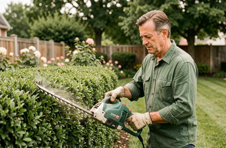 Homme utilisant un taille-haie électrique filaire pour tailler une haie de buis dans un jardin soigné