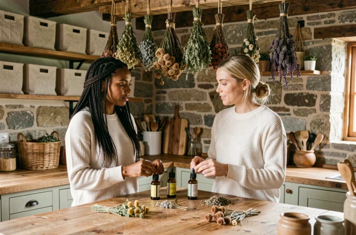 Deux femmes examinant des huiles essentielles et des ingrédients botaniques dans une cuisine rustique aux matériaux naturels pour la préparation de soins beauté maison