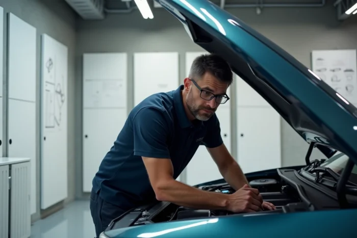 Ingénieur automobile inspectant le compartiment moteur hybride d'un SUV dans un studio de design contemporain