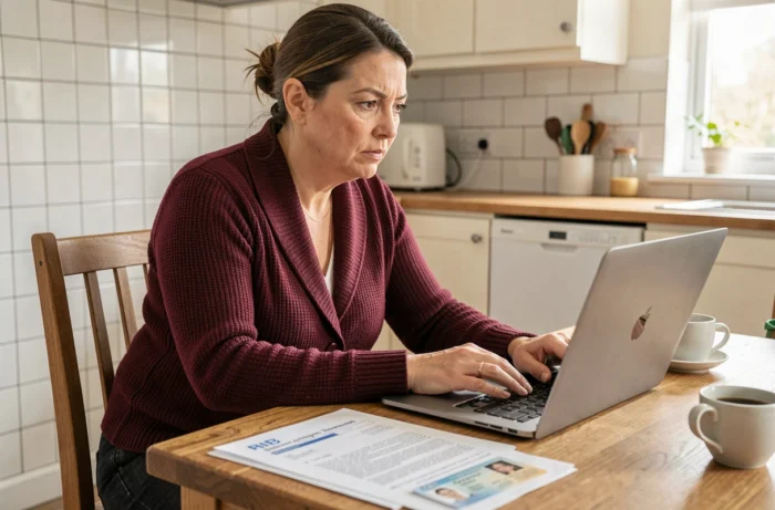 Femme d'âge mûr réalisant son inscription à Pôle emploi en ligne depuis son domicile avec ses documents administratifs posés sur la table
