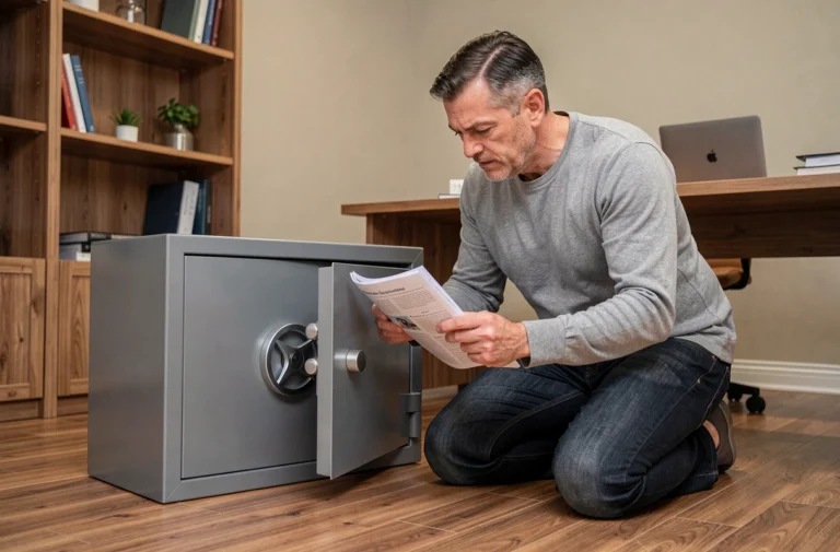 Homme installant un coffre-fort à fixer au sol dans un bureau à domicile, consultant les instructions de montage