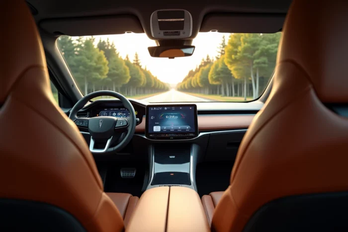 Intérieur luxueux d'un crossover 2024 avec tableau de bord numérique incurvé et sièges en cuir perforé beige