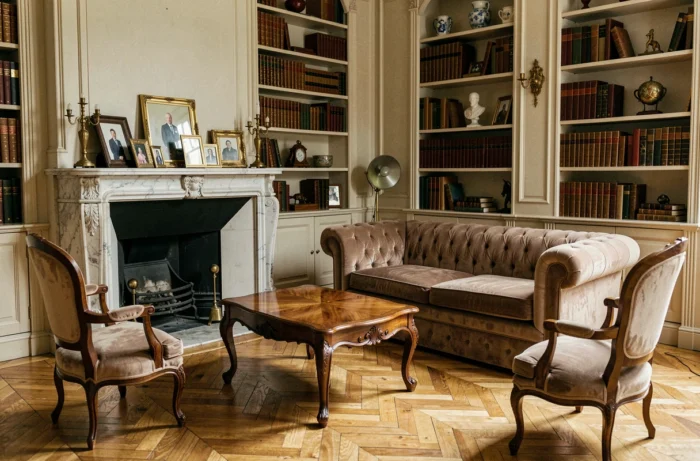 Salon intérieur élégant avec parquet en point de Hongrie, cheminée en marbre et bibliothèque dans une maison française