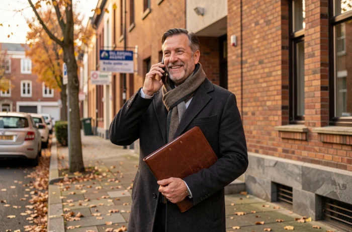 Investisseur immobilier devant un immeuble rénové lors d'une visite avec un service d'accompagnement expert