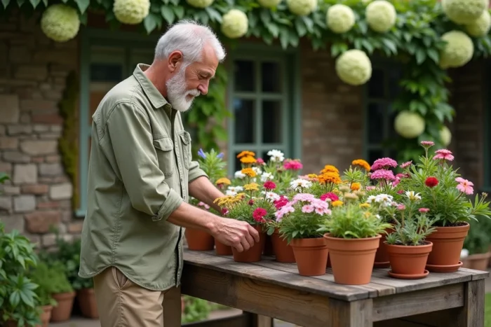 Jardinier expérimenté arrangeant des pots de fleurs colorés sur un établi en bois dans un jardin de campagne