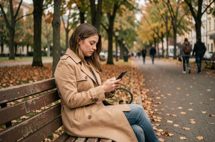 Jeune femme consultant des actualités sur smartphone dans un parc urbain en automne