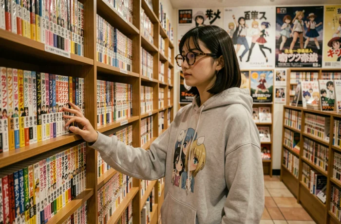 Jeune femme parcourant des rayons de manga dans une librairie japonaise moderne, tendances manga et anime