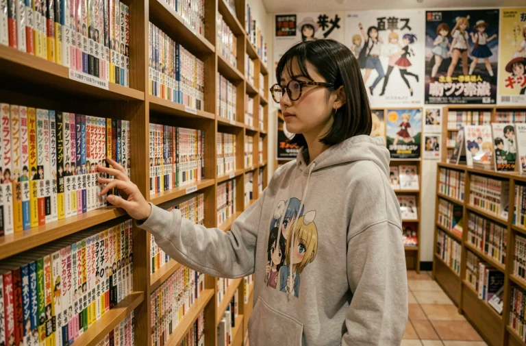 Jeune femme parcourant des rayons de manga dans une librairie japonaise moderne, tendances manga et anime
