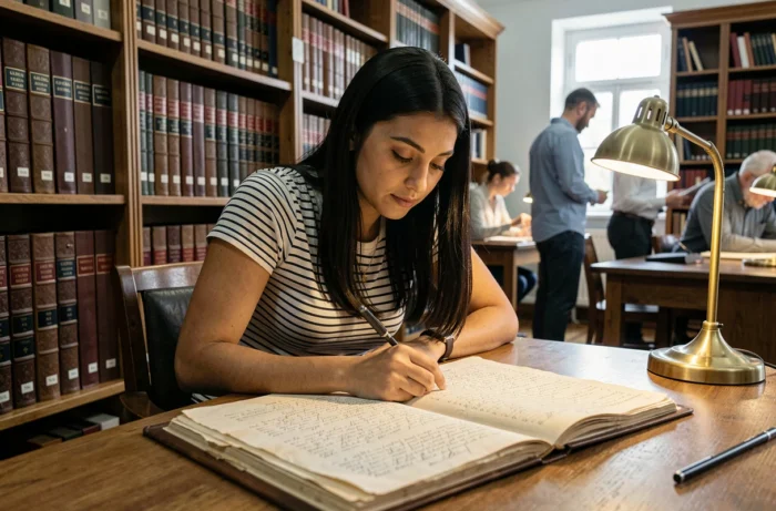 Jeune femme consultant un registre d'état civil dans une salle d'archives pour rechercher ses origines et racines familiales