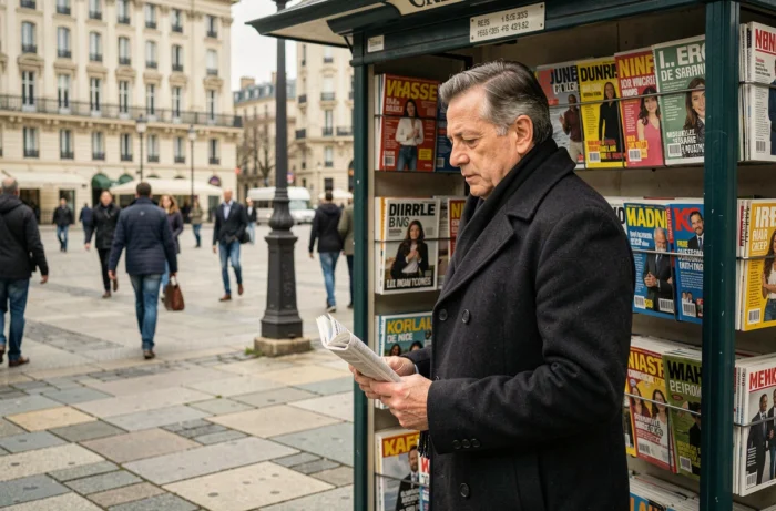 Homme parcourant les journaux et magazines français devant un kiosque à Paris