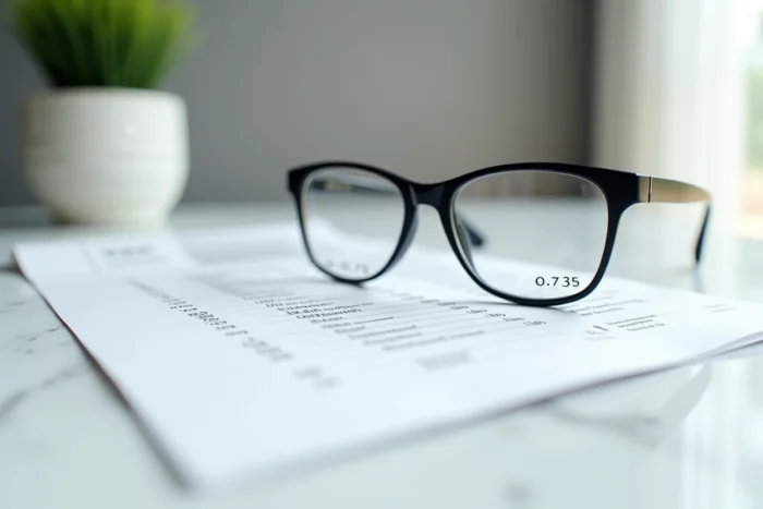 Lunettes posées sur une ordonnance ophtalmologique indiquant une correction de 0.75 sur fond de marbre blanc
