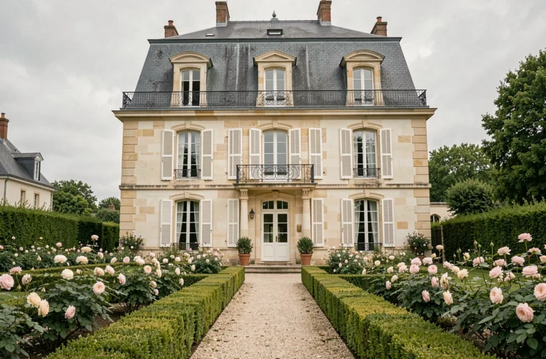 Façade de la maison traditionnelle française en pierre à Louveciennes avec jardin soigné et volets blancs