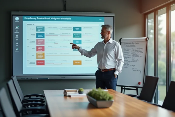 Manager présentant un référentiel de compétences sur écran tactile lors d'une session de sélection d'outils RH