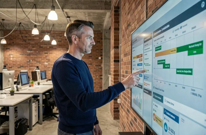 Manager en startup examinant un tableau de bord centralisé de gestion de projets sur un mur d'écrans interactif dans un loft moderne